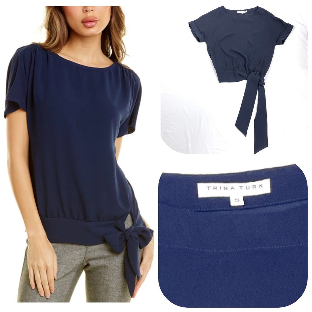 Trina Turk Salas Navy SideTie Short sleeves Top/Blouse